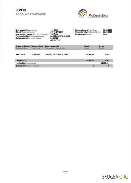 Relevé de compte bancaire Slovénie ProCredit Modèle Word et PDF